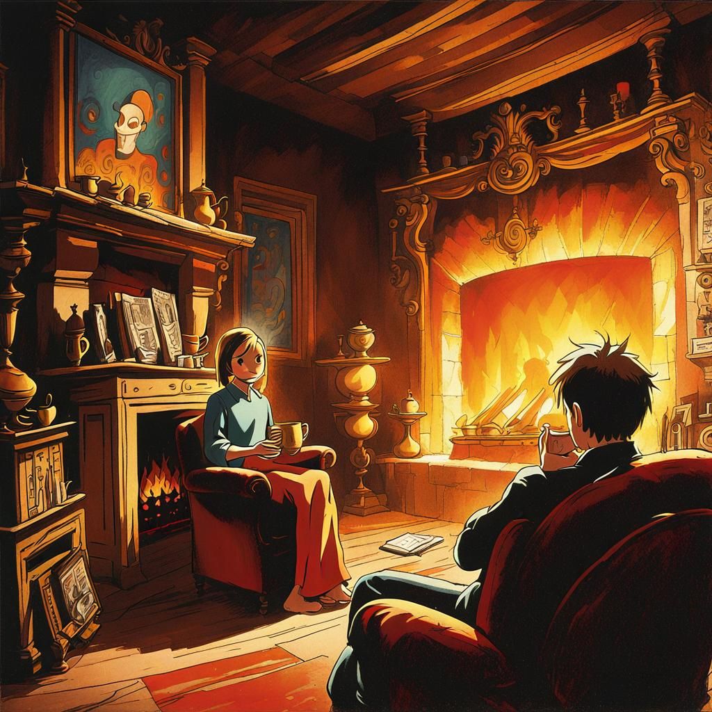 Alastor by Fireplace: Vibrant Anime Digital Art