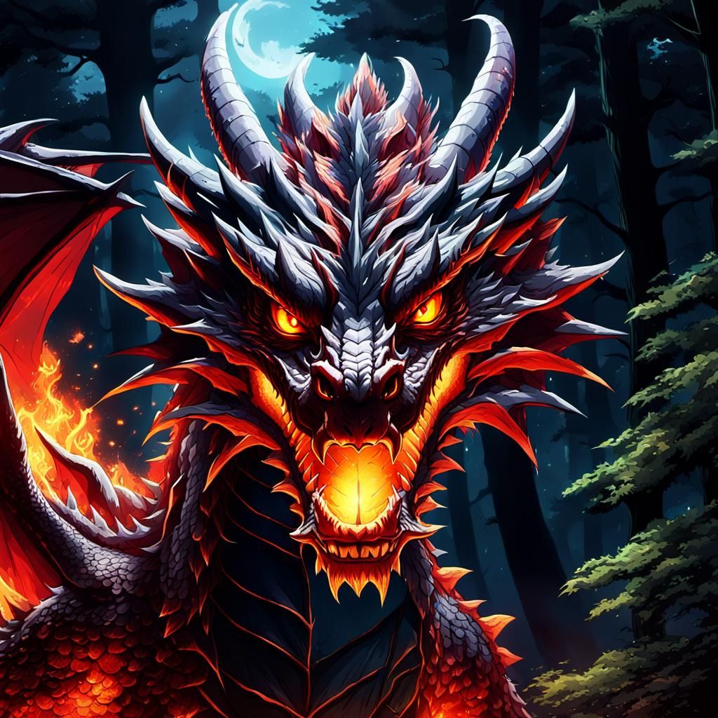 Red Dragon's Fiery Breath: Anime Art in Dark Forest