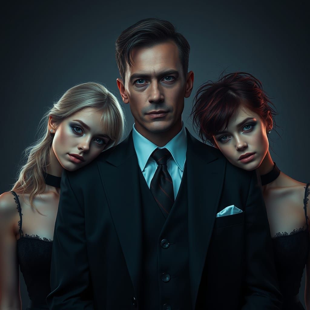 Gothic Cyberpunk Portrait of Father and Twin Daughters