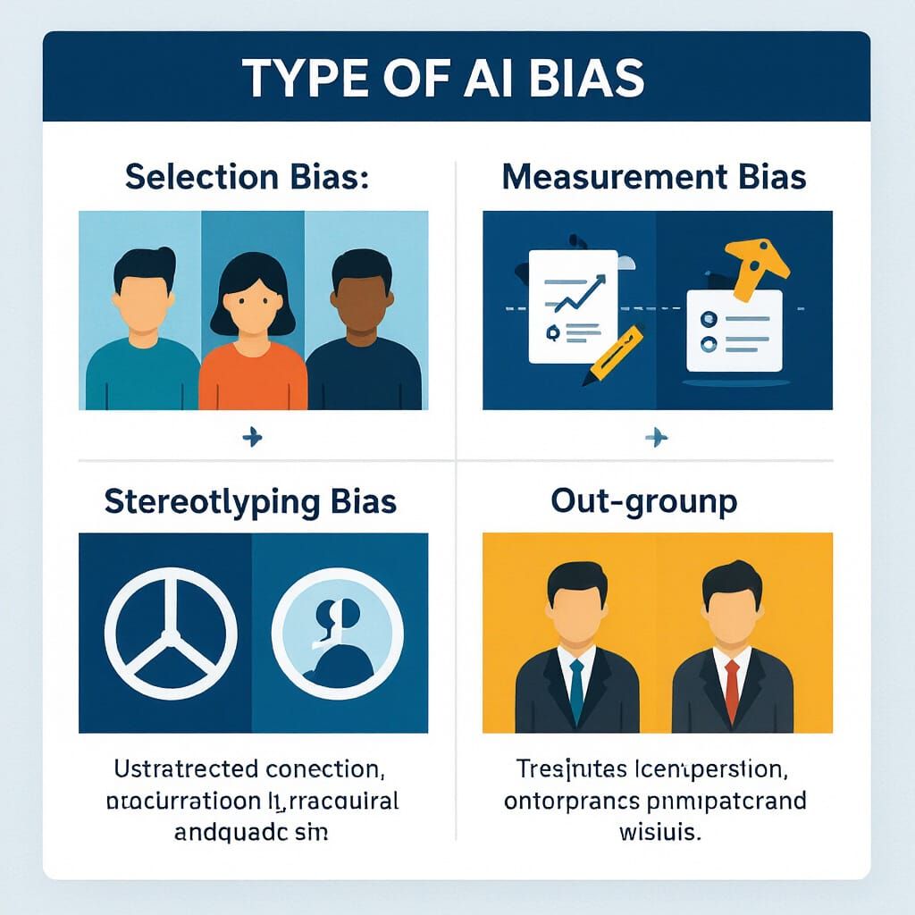 AI Bias Infographic: Selection, Measurement, Stereotyping, O...