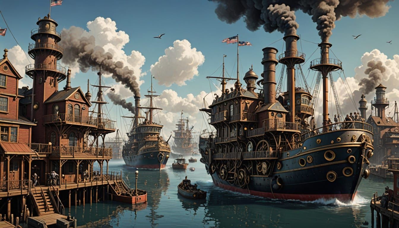 Steam Punk Harbor Scene in a Victorian Aesthetic