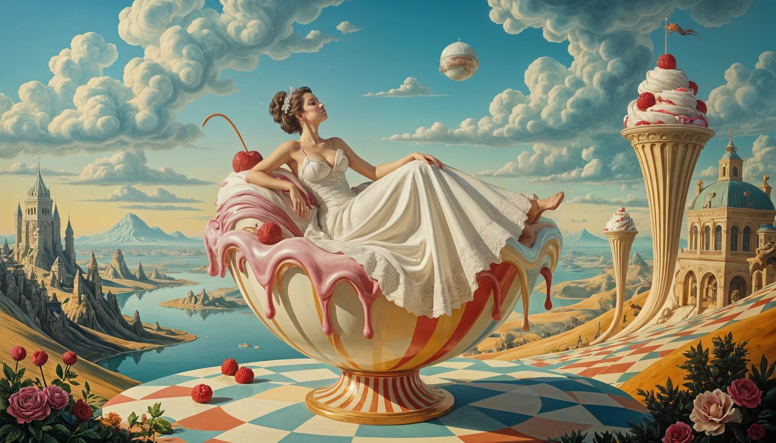 Woman in Ice Cream Sundae: Surreal Landscape