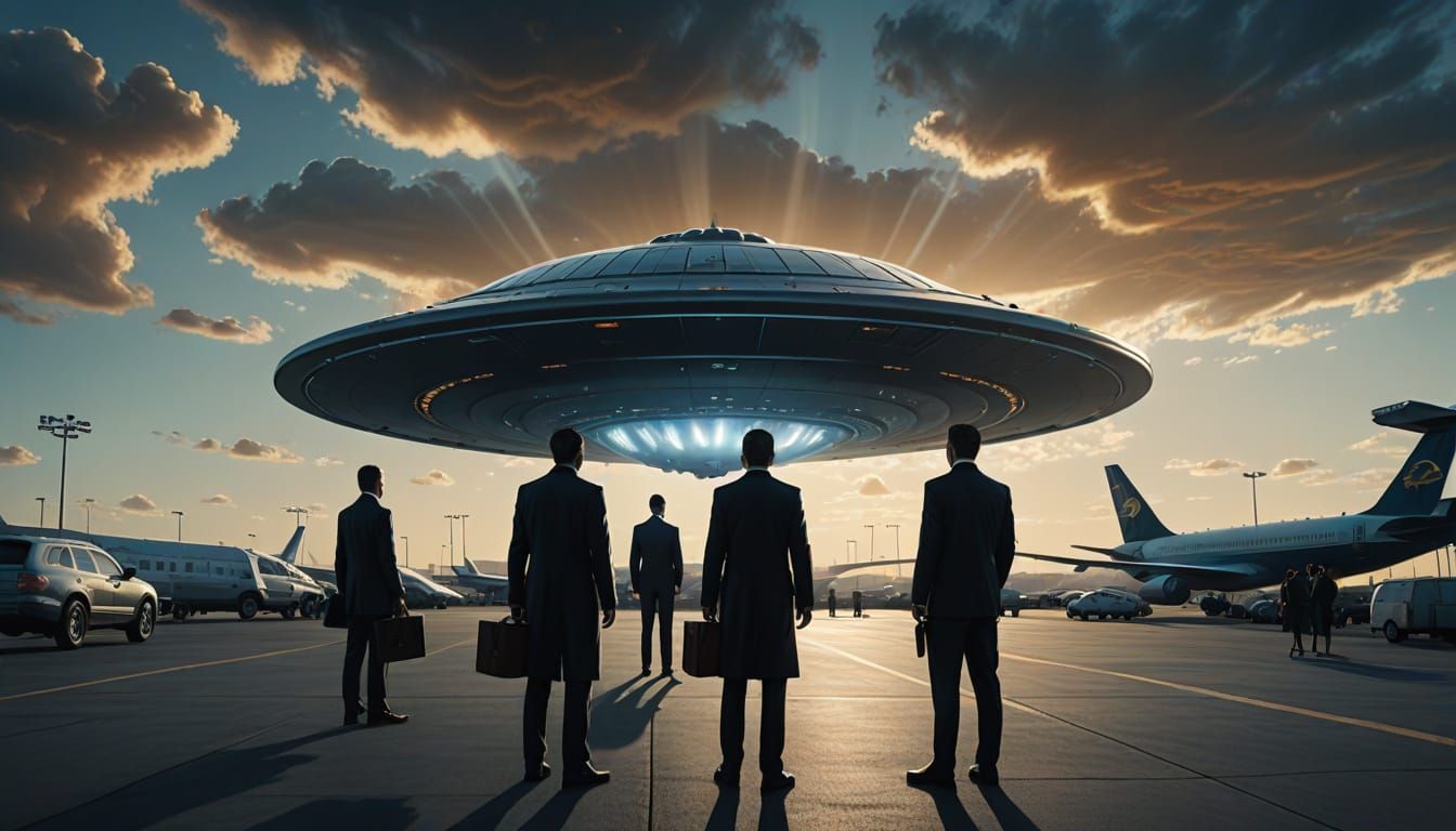 Men in Black Observe UFO at Airport