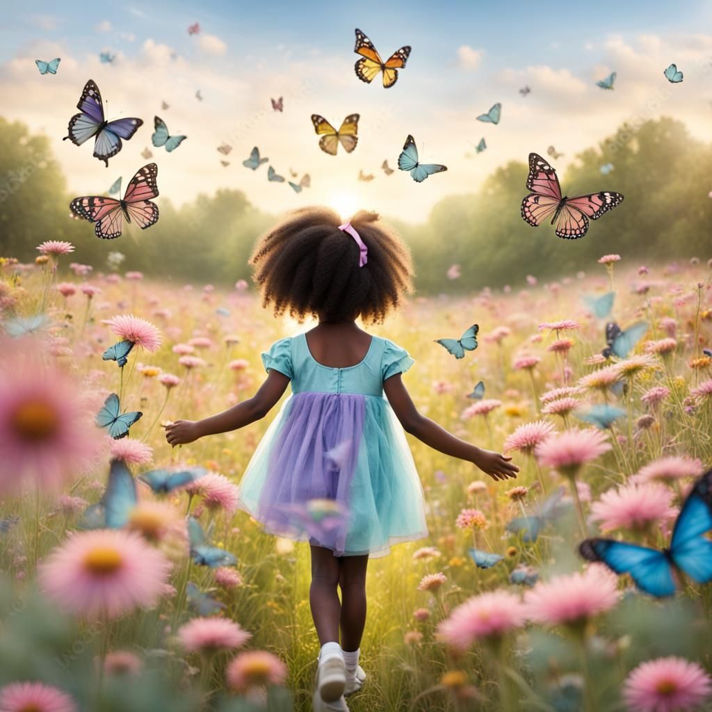 Girl in Pastel Field with Butterflies