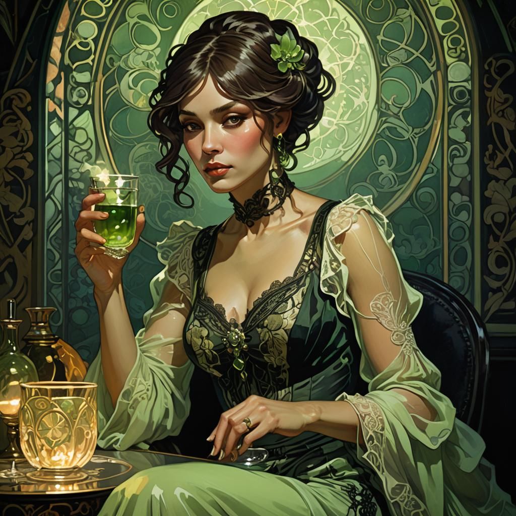 Dark Art Nouveau Woman with Glowing Absinthe
