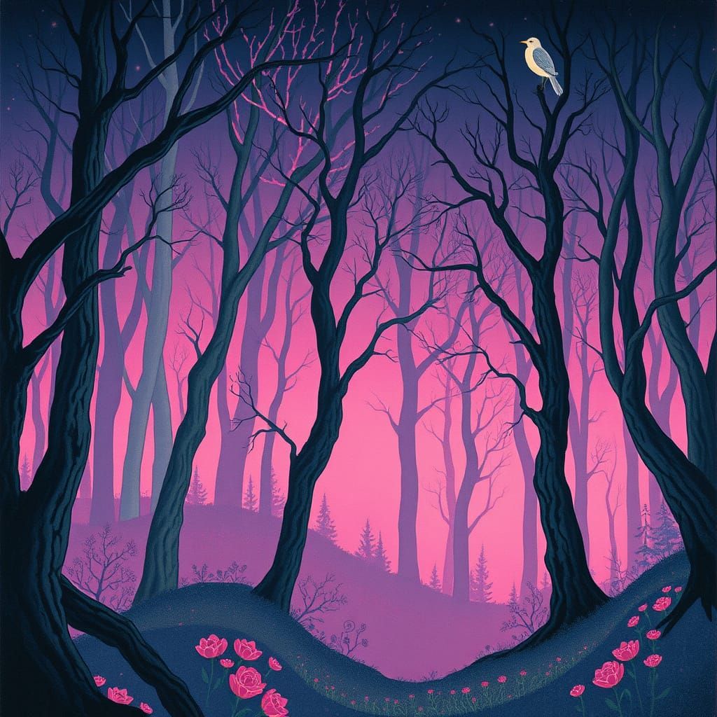 Mystical Pink Midnight Forest Dreamscape