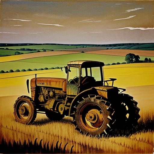 Vintage Tractor in Golden Wheat Fields