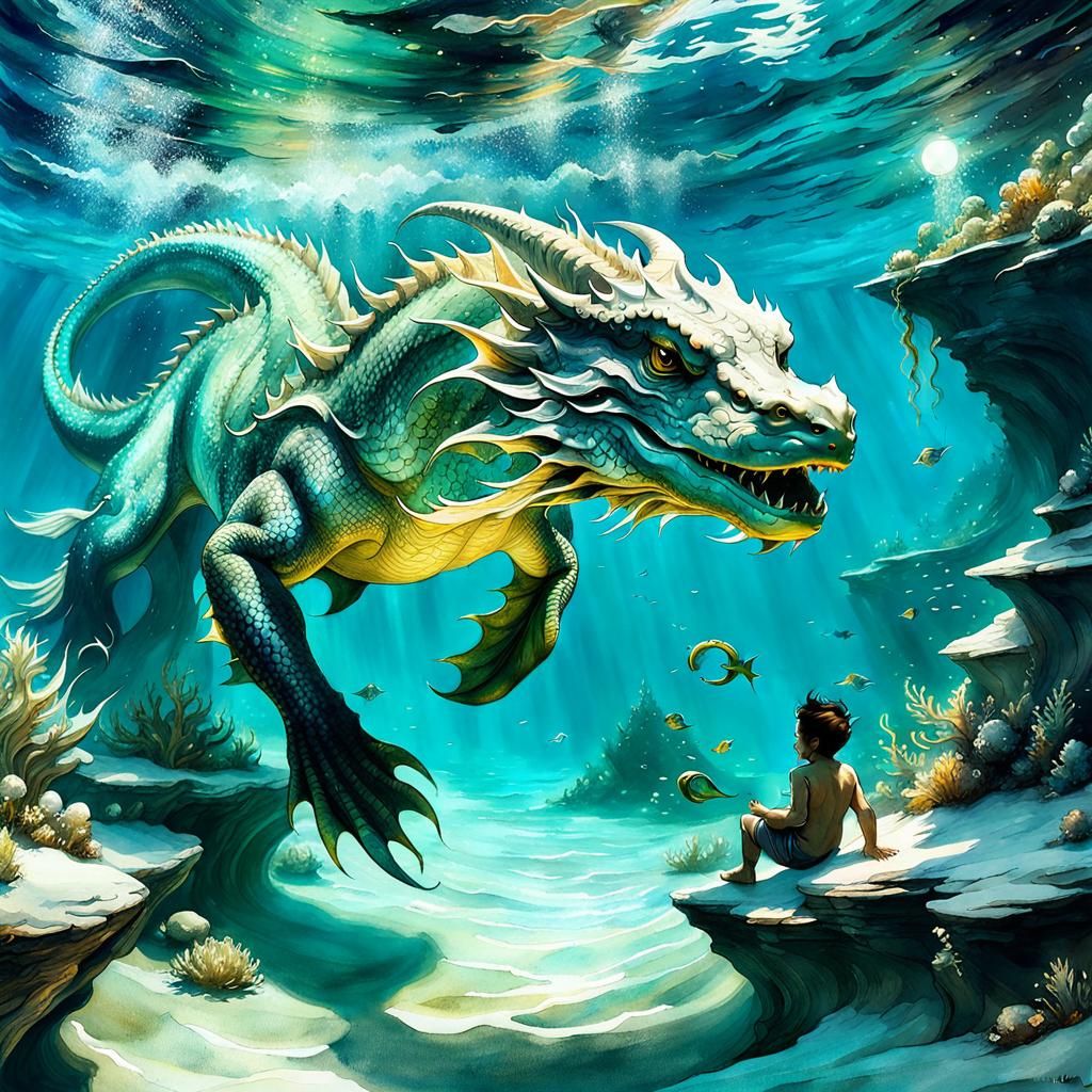 A leviathan teaches a young boy how to swim