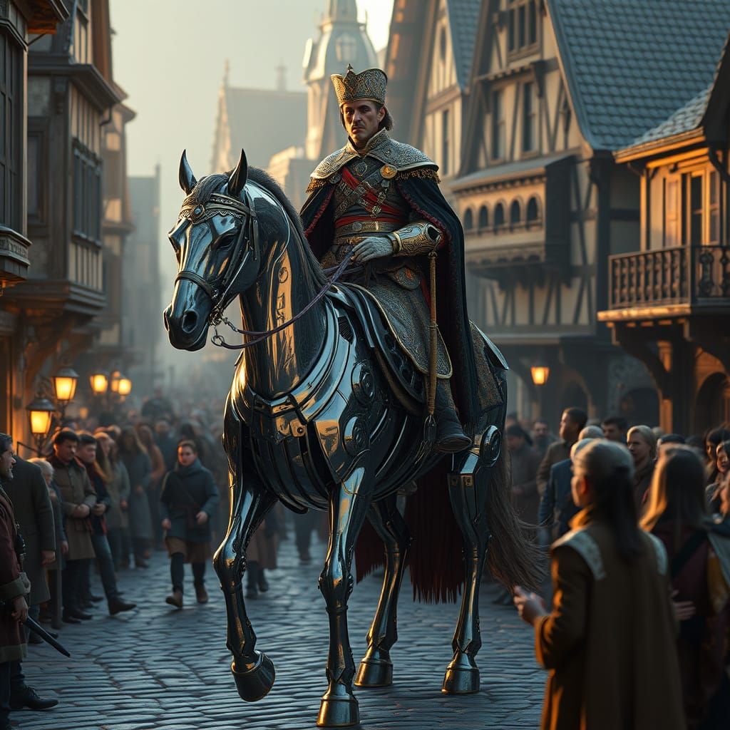 Regal Nobleman Rides Bio-Mechanical Steed Through Medieval T...