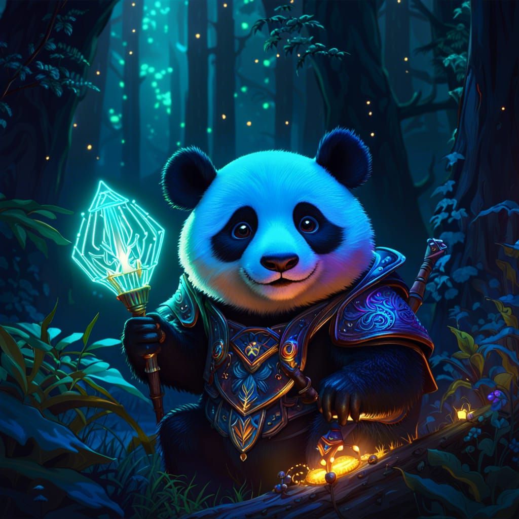 Neon Fireflies Light Wizard Panda in Forest