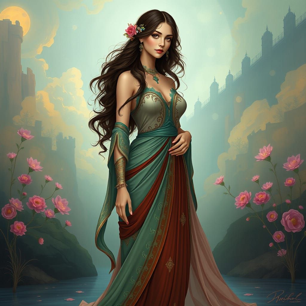 Elegant Woman in Serene Atmosphere with Art Nouveau Accents