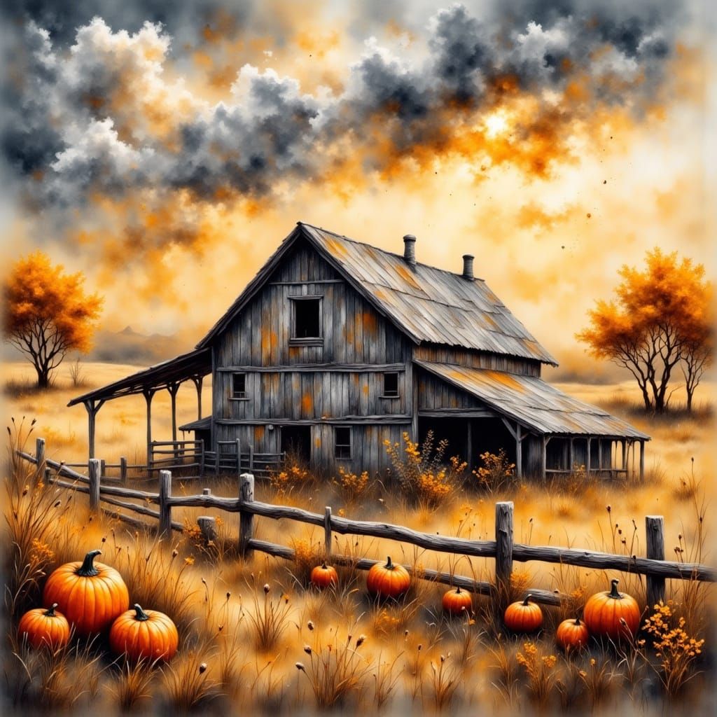 Watercolor Barn at Sunrise with Fall Foliage
