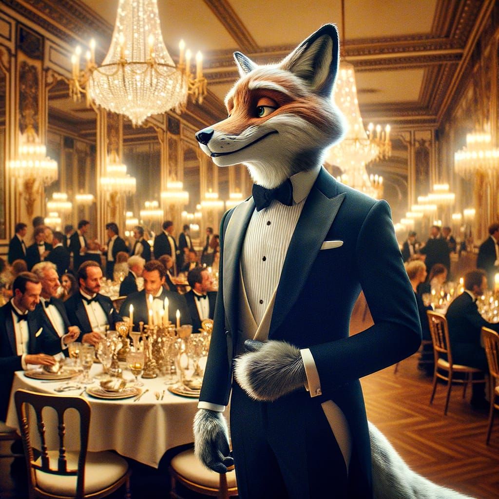 Anthropomorphic Fox in Tuxedo at Elegant Dinner Party