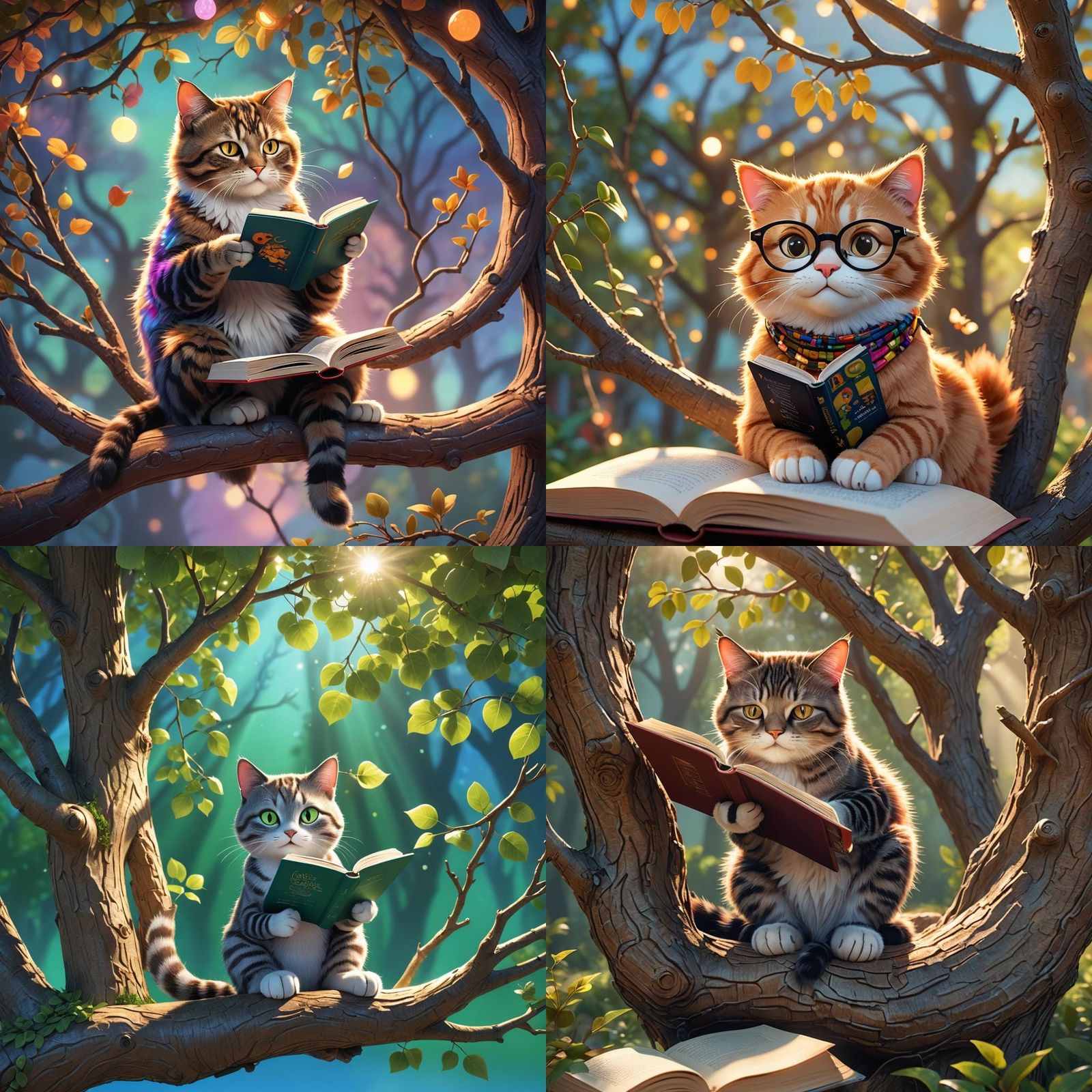 Cat Reading Book in Tree: Pixar-style 3D Art
