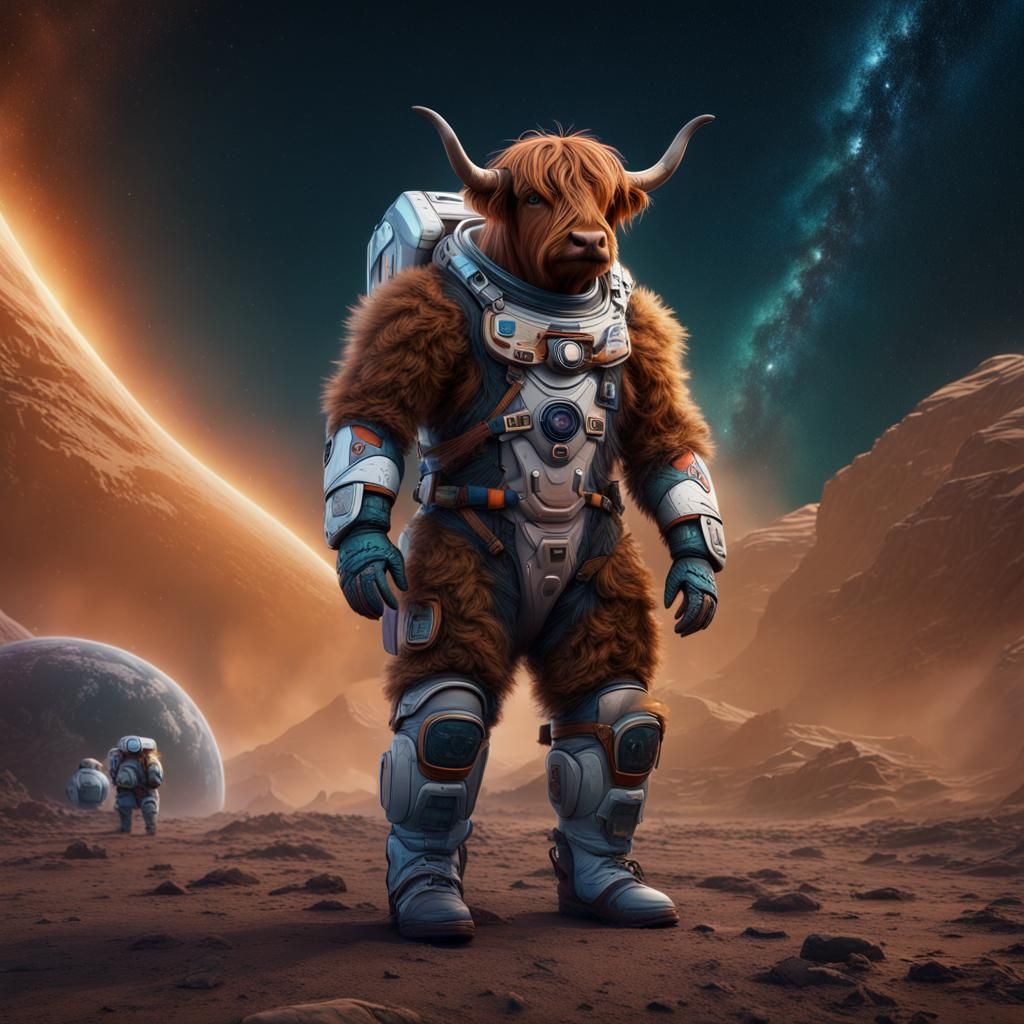 Highland Cow in Spacesuit: Detailed Matte Painting