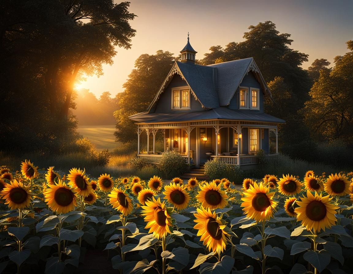 Victorian Cottage in a Sunflower Garden