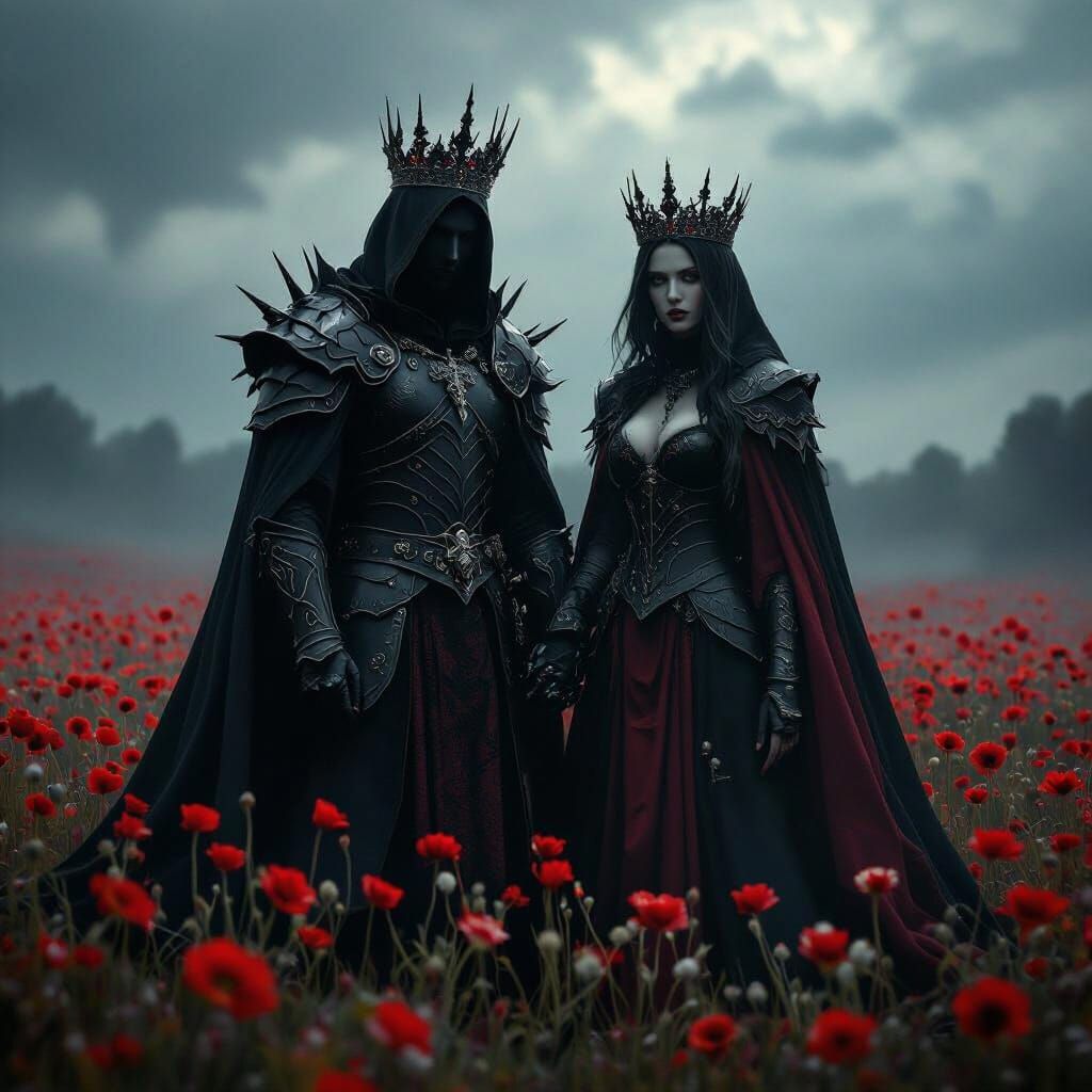 Dark Fantasy King and Queen in Misty Red Flowers