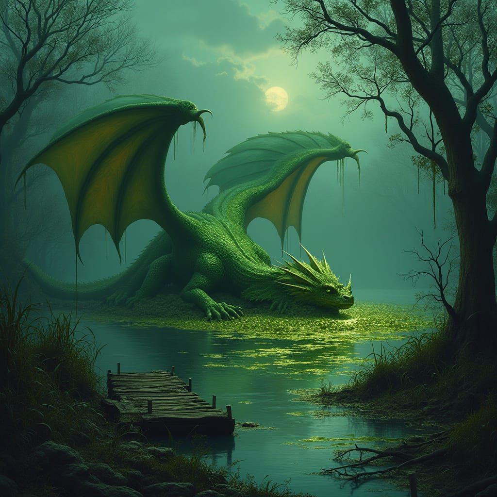 Majestic Green Dragon Amidst Dark Fantasy Swamp