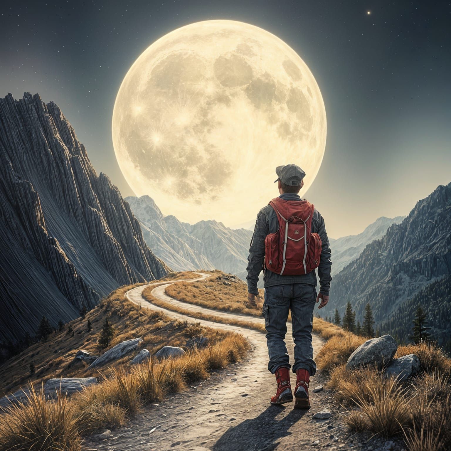 Moonlit Hiker in Expressionist Landscape