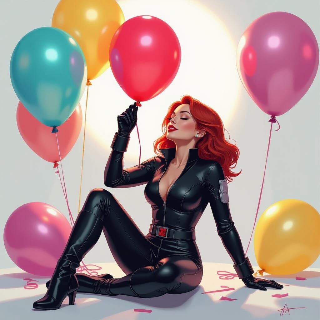 Black Widow Pops Birthday Balloon in Playful Style