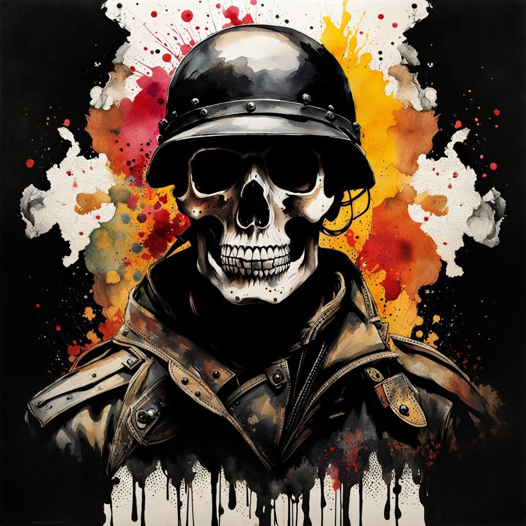 Skull Soldier Double Exposure in Watercolor Style