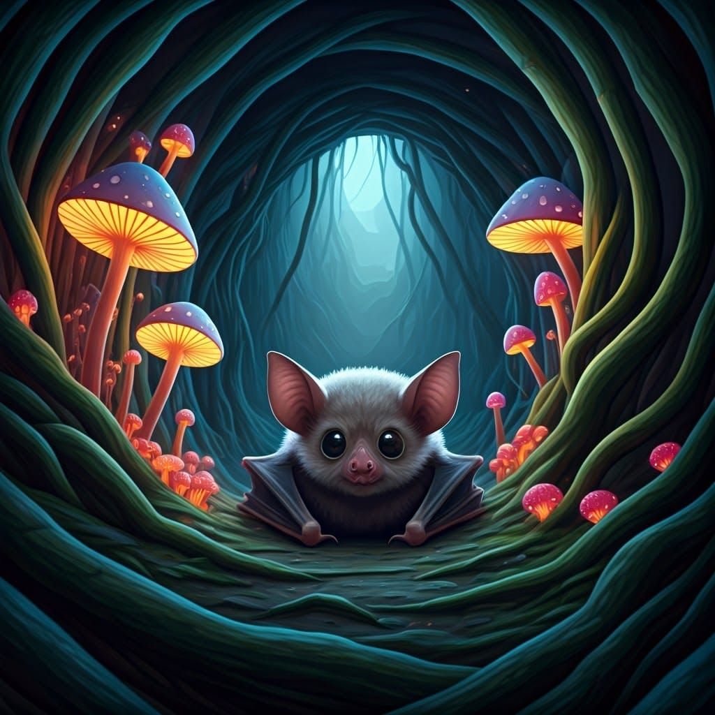 Mystical Baby Bat in Moonlit Cave, Fantasy Art