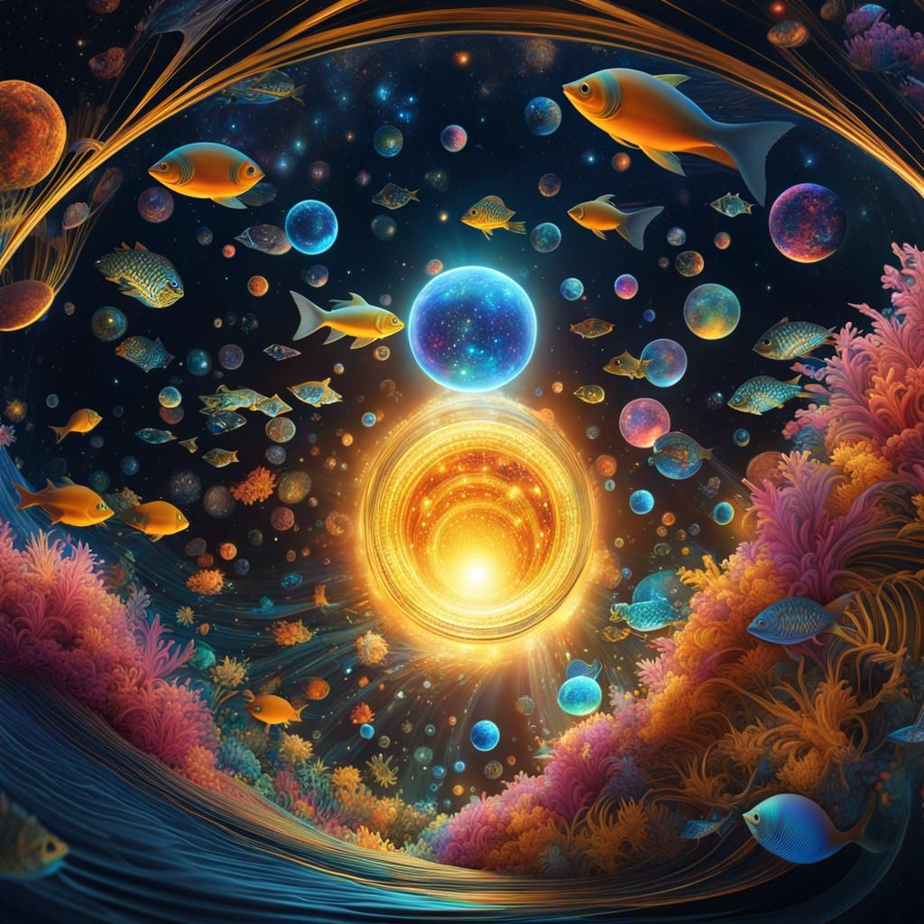 Galaxy Swimming with Fish in Maximalist Style