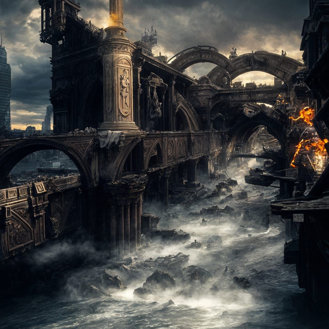 Dark Future Cityscape with Bizarre Creatures