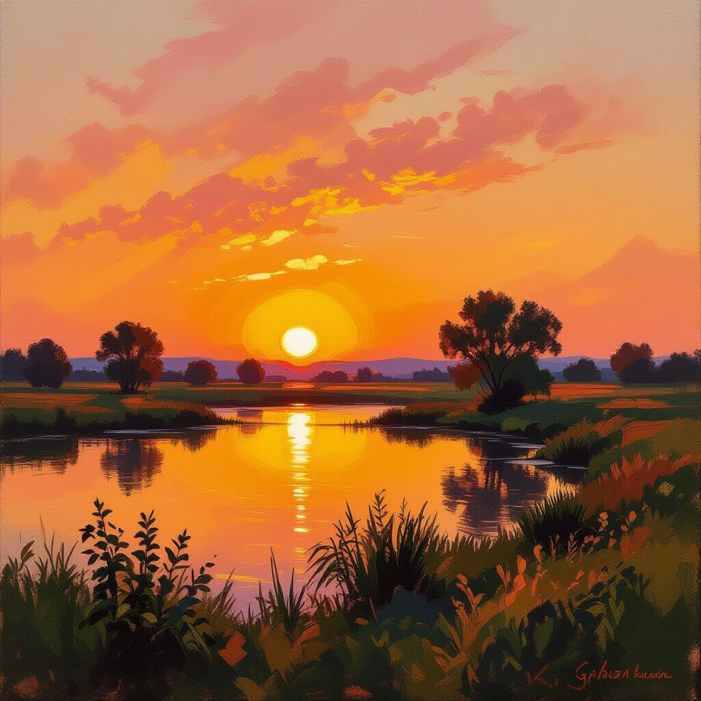Golden Sunset Over Serene Landscape in Impressionist Style