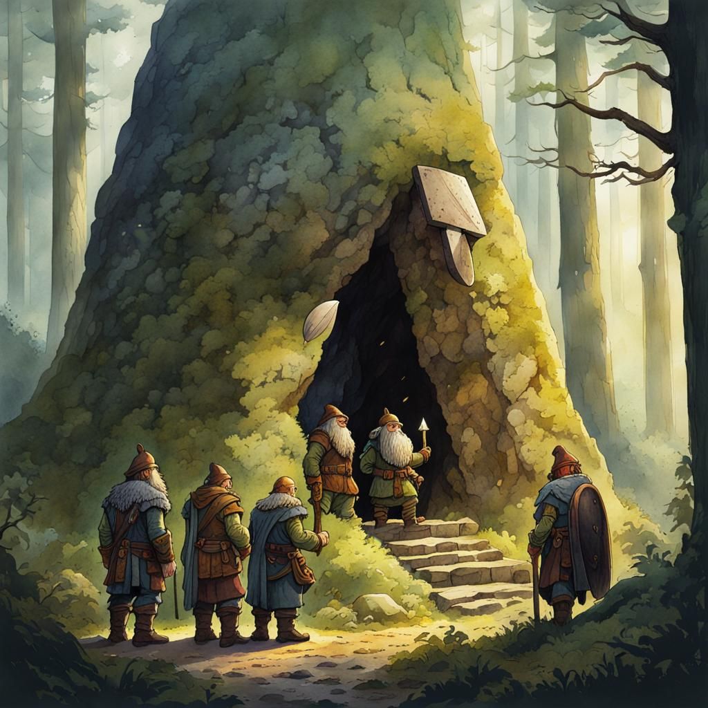 Dwarves Admiring Menhir in Forest, Watercolor Illustration