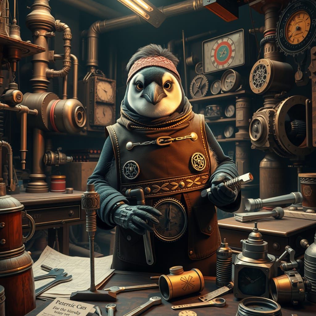 Steampunk Mongolian Penguin Inventor Amidst Vintage Workshop
