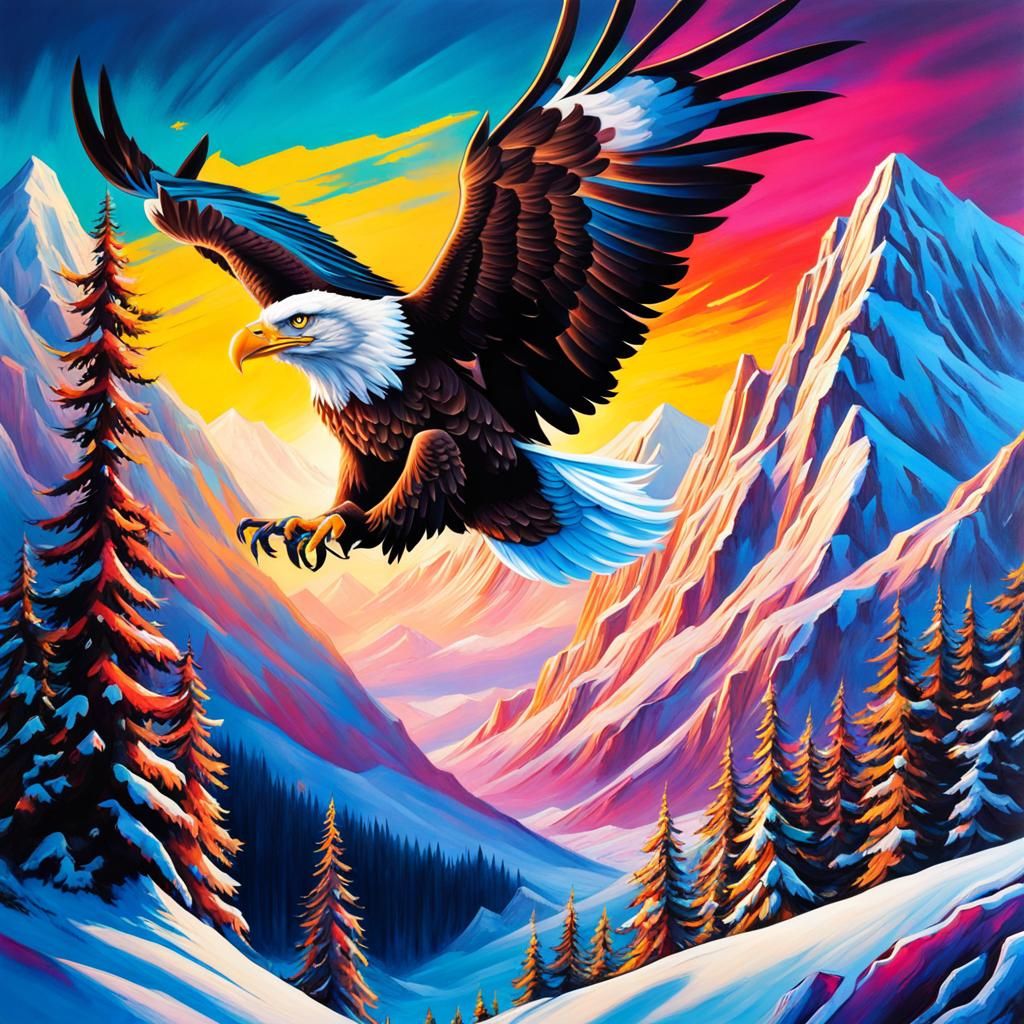 Bald Eagle in Flight: Graffiti Art Winter Scene