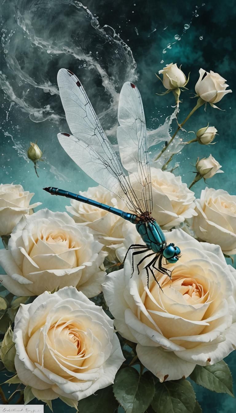 Turquoise Dragonfly in Valley of White Roses Watercolor