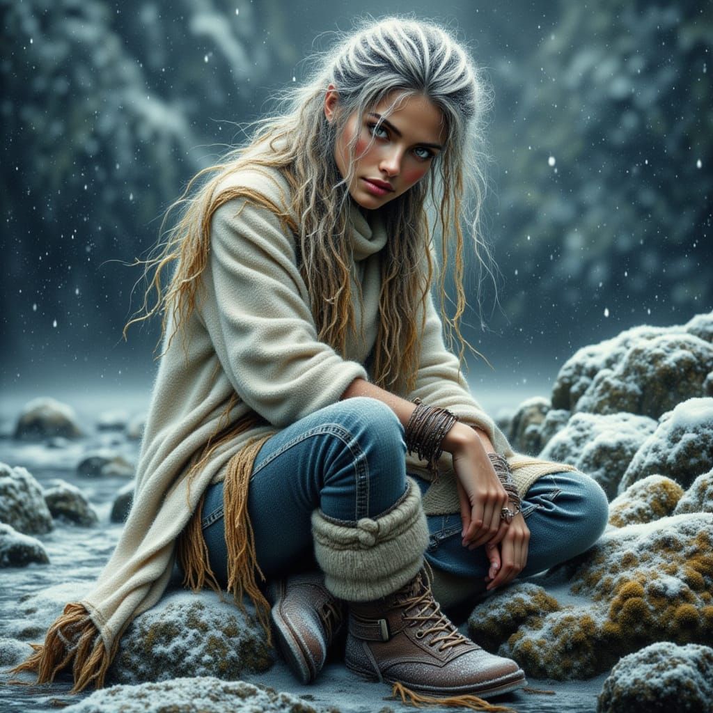 Snow Selkie Maiden on Stormy Shore