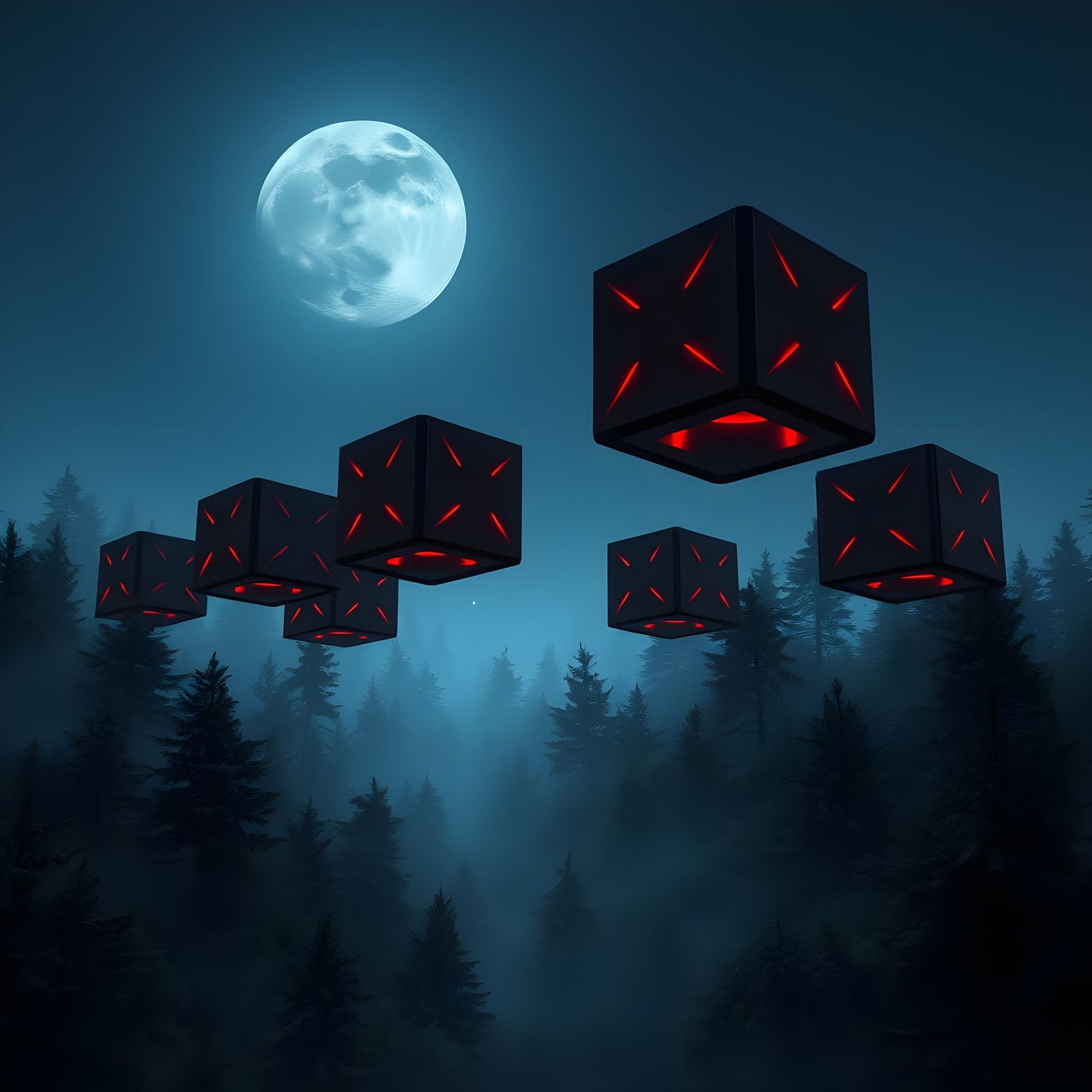 Ethereal Black Cubes Hover Above Alaskan Forest in Futuristi...