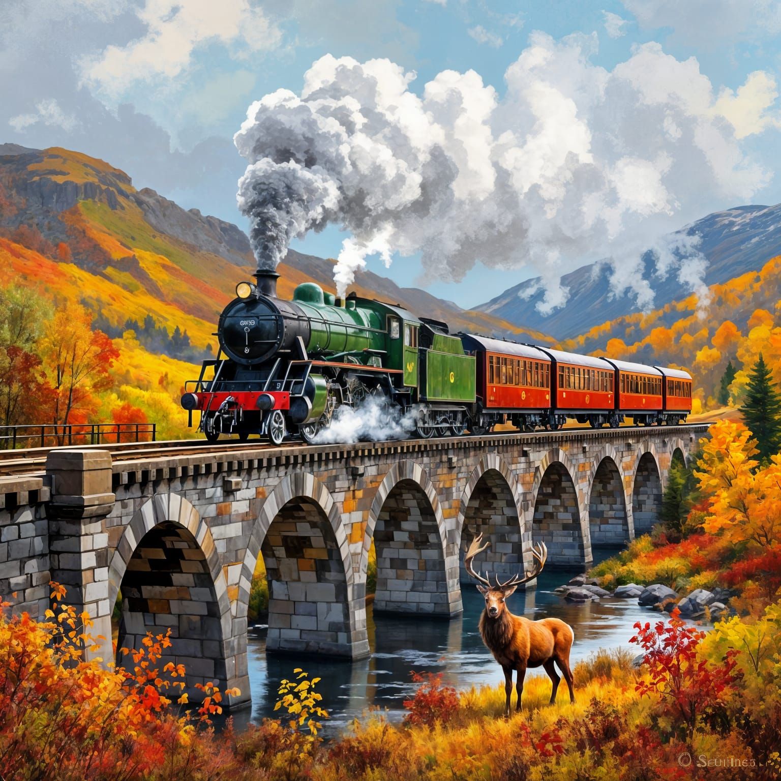 Scottish Highlands: Steam Train on Viaduct in Autumn