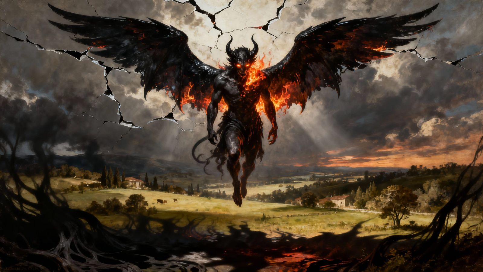 Demonic Angel Descends from Fractured Sky