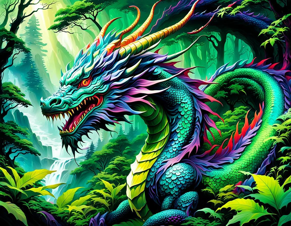 Vibrant Japanese Dragon in Mountain Forest: Digital Painting