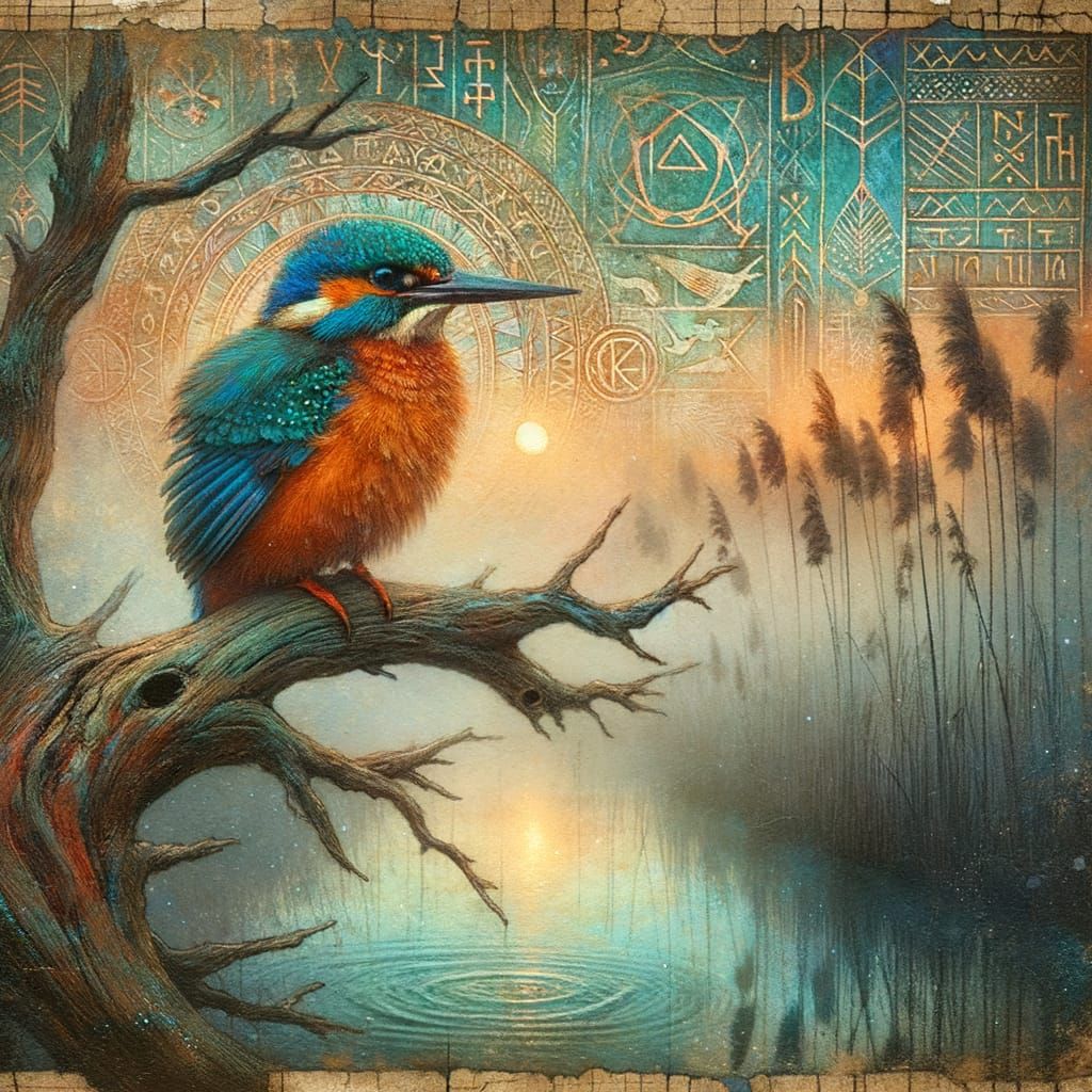 Radiant Kingfisher on Gnarled Branch in Vintage Collage Styl...