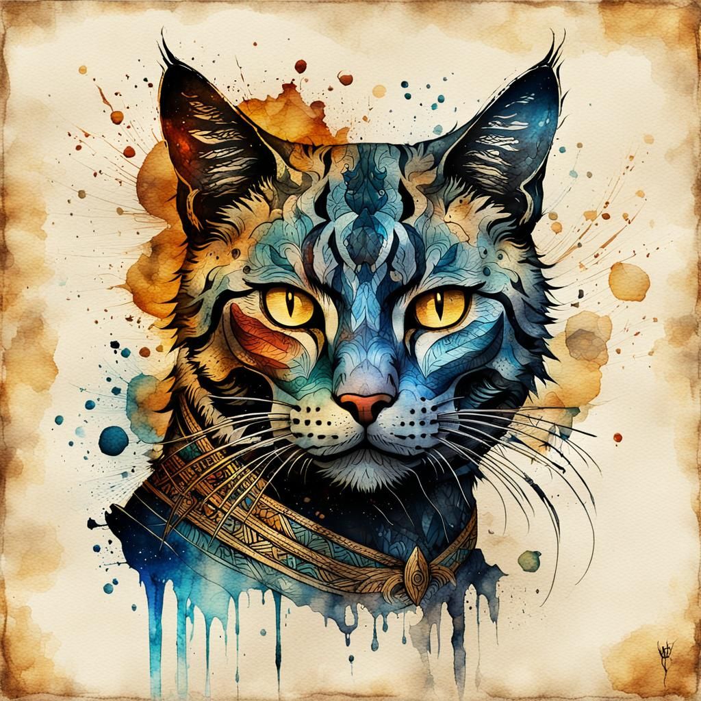 Mythical Cat Illustration on Aged Papyrus Scroll