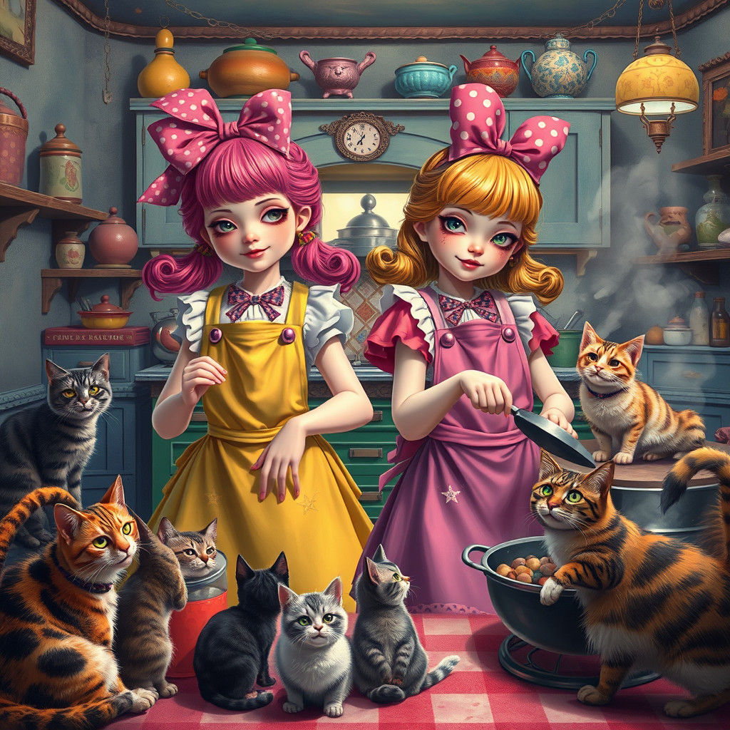 Girls and Cats Cooking in a Pop Surreal Kitchen