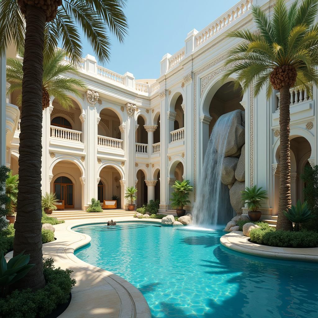 Opulent Dubai Mansion with Waterfall in Fantasy Style