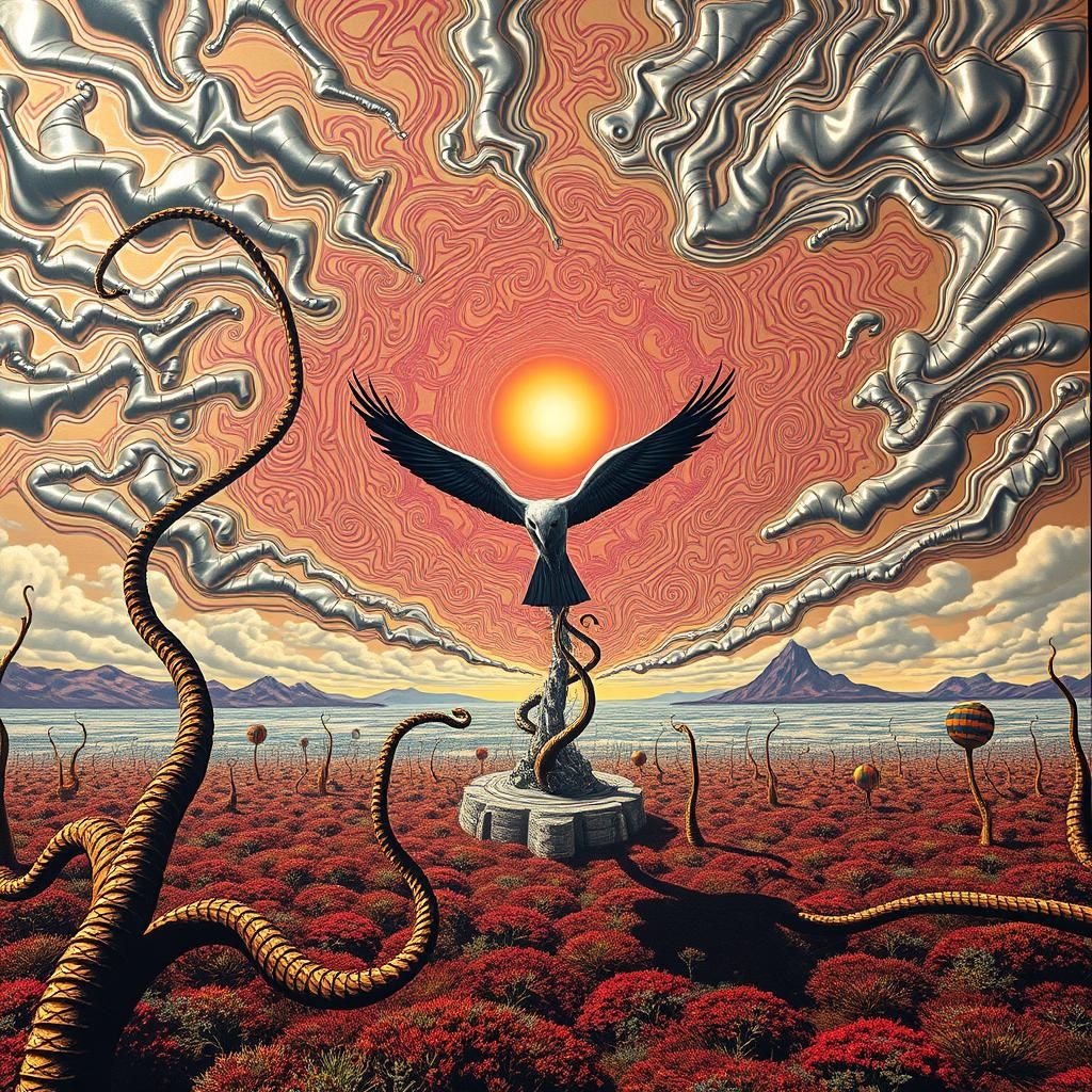 Surreal Landscape with Elastic Flora and Thunderbird Vortex