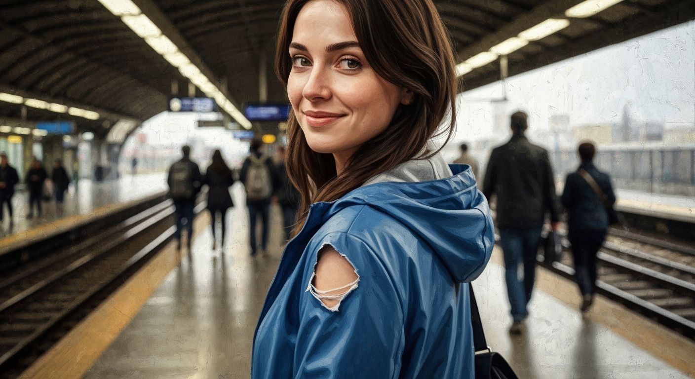 Woman in Blue Raincoat at Train Station
