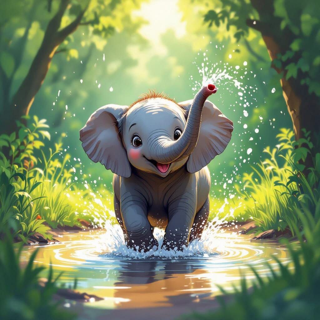 Joyful Baby Elephant Splashing, Loish Style