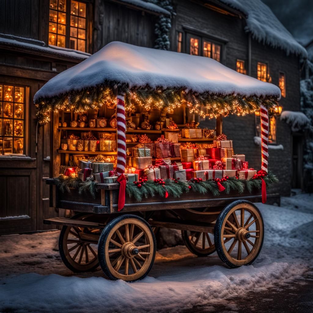 Festive Christmas Cart with Elves in Village