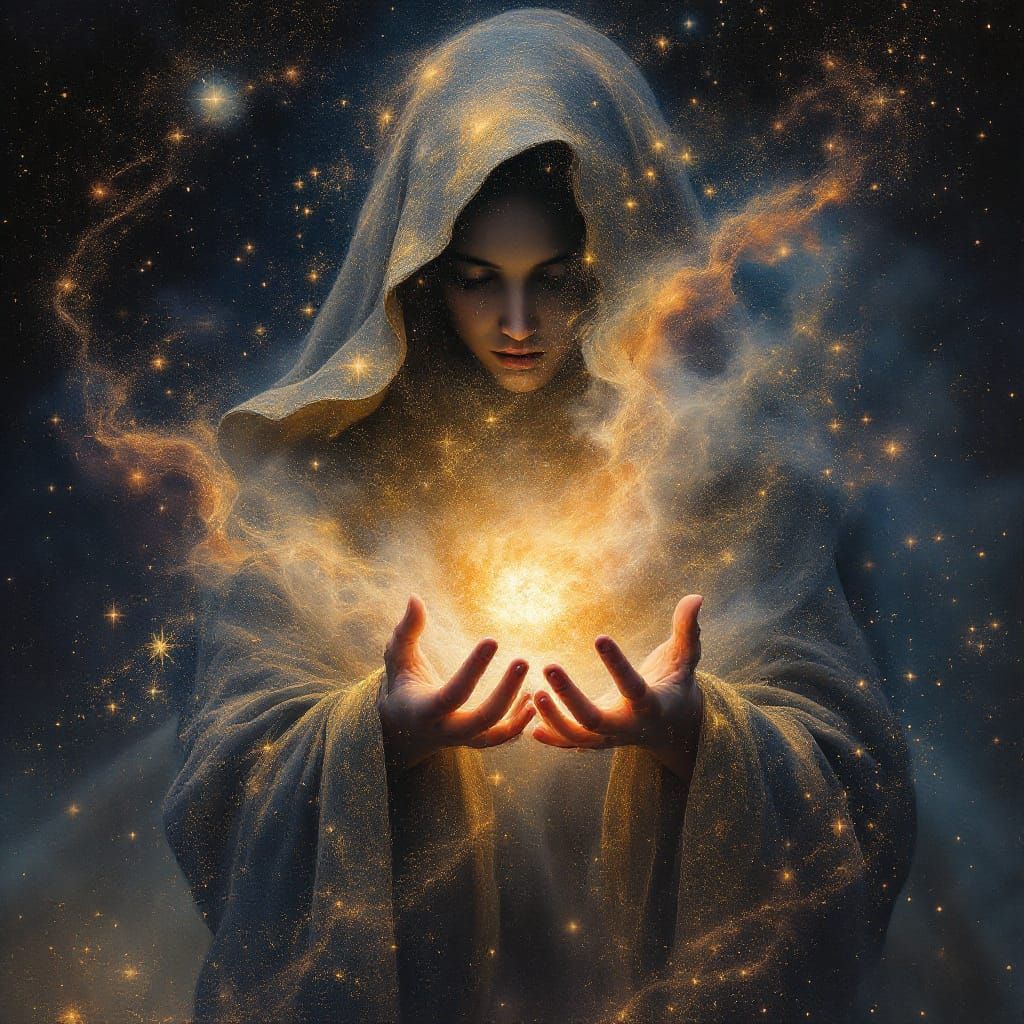 Celestial Witch Conjuring Nebula as Dalí-Sargent Fusion