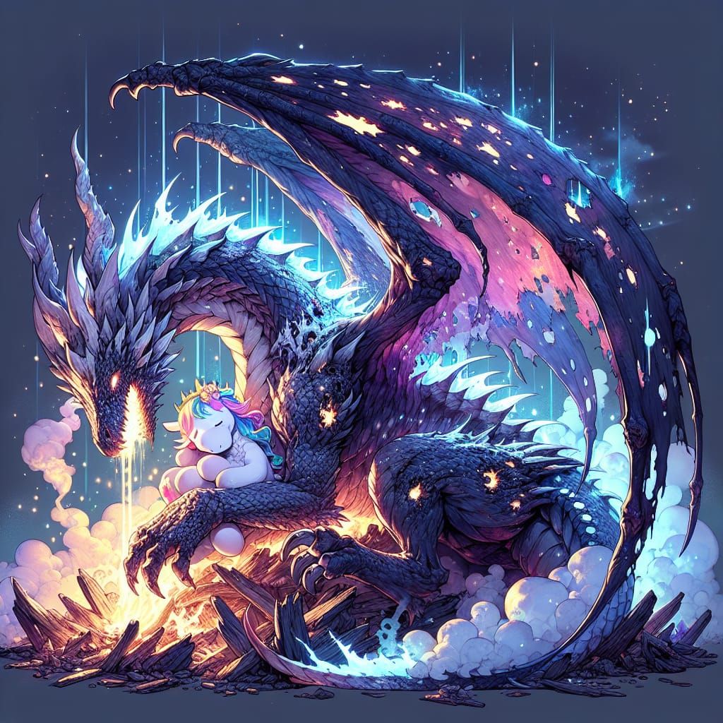 Wounded Dragon with Unicorn in Anime Style