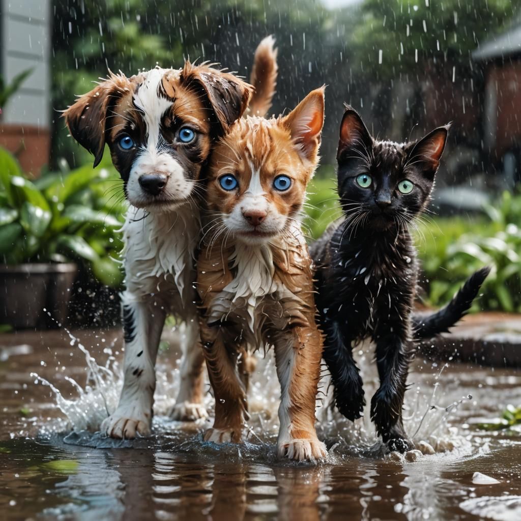 Puppy and Kitten Play in Rainy Puddles
