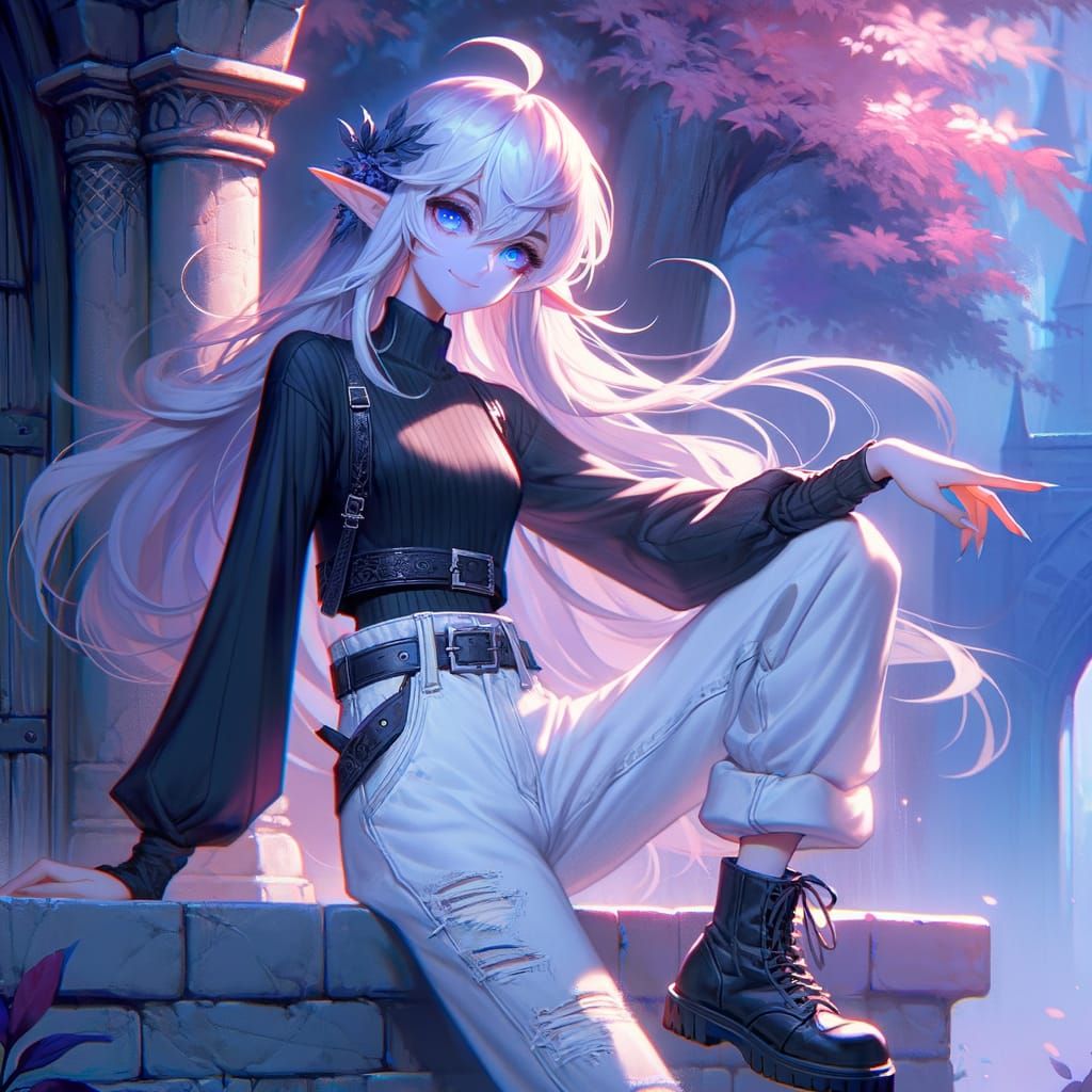 Anime Elf Girl with White Hair Flashes Peace Sign